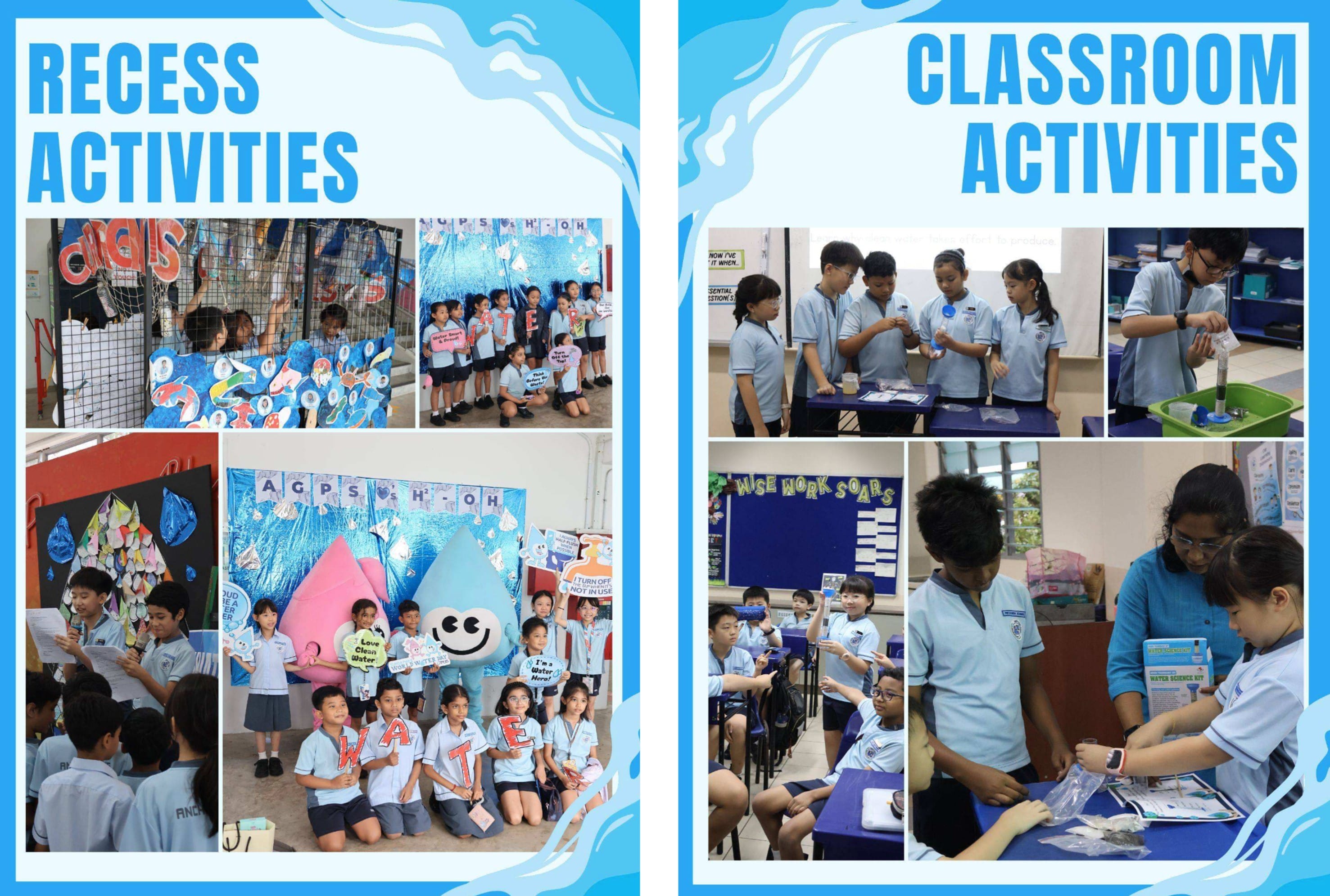 Collage of recess water conservation activities, showing students displaying water awareness posters, performing presentations, and posing with water drop mascots at the "AGPS H2OH" booth and of a classroom activities where students conduct hands-on water filtration experiments using water science kits. 